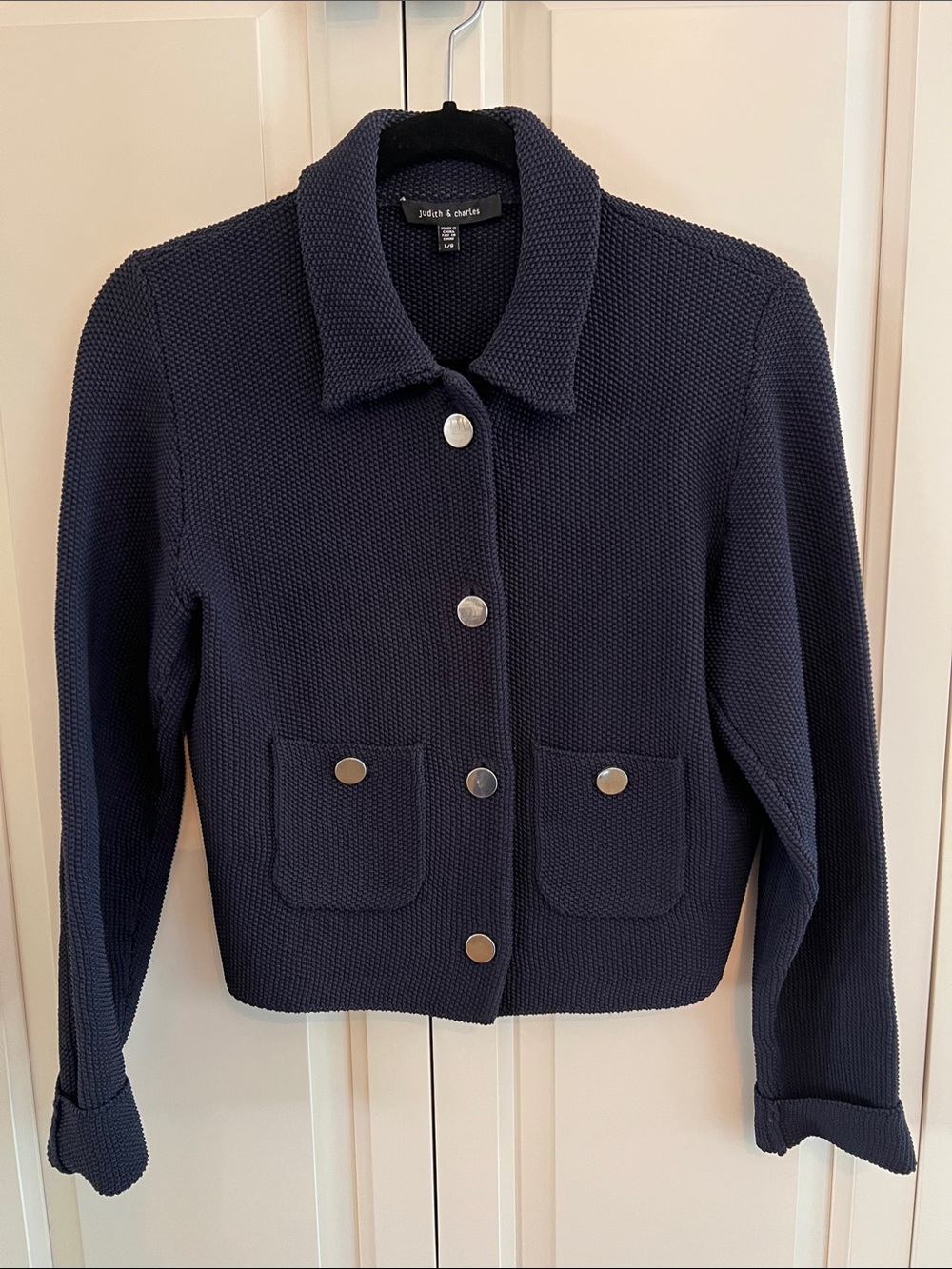 Judith and Charles Navy Textured Button-Front Knit Blazer